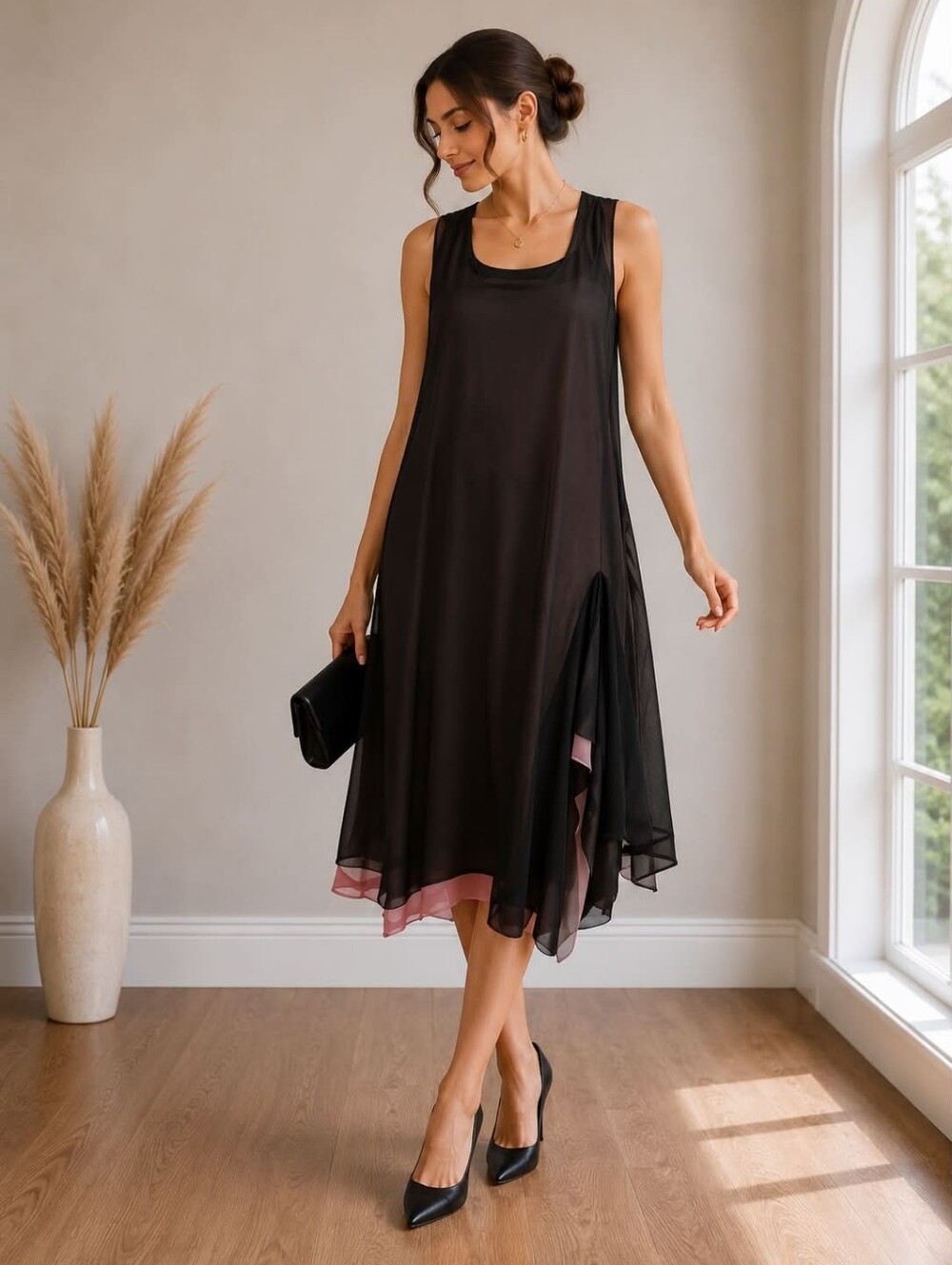 Sleeveless Black Midi Dress with Pink Hem